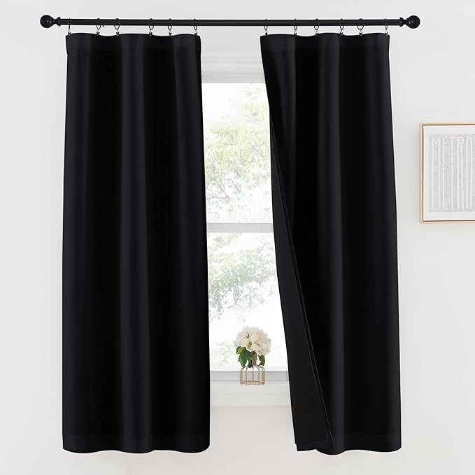 NICETOWN Black 100% Blackout Lined Curtains, 2 Thick Layers Completely Blackout Rod Pocket Thermal Insulated Drapes for Kitchen/Bedroom (1 Pair, 37 inches Width x 63 inches Length Each Panel)