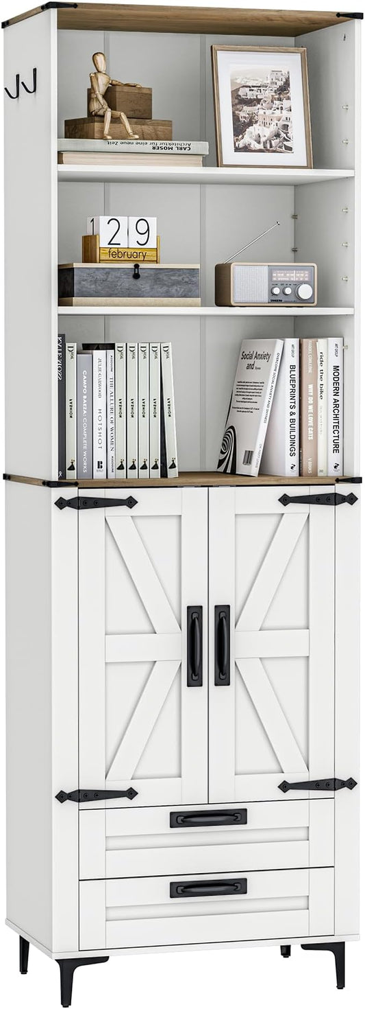 Bookshelf with Doors and 2 Drawers, 72in Tall Bookcase with Storage Cabinet and Adjustable Shelf, White Farmhouse Bookshelves Wood for Living Room, Bedroom