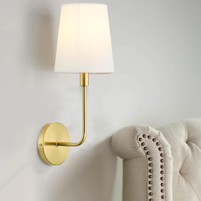 Antique Brass Big Wall Sconces, Set of 2 Hardwired Vintage Industrial Wall Lights with Fabric Shade, E26 Socket, for Bedroom, Living Room, Farmhouse, Kitchen, Porch (Bulbs Not Included)