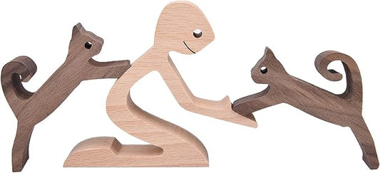 Cat Figurines Home Decor Nature Wood Carved a Man Two Cats Sculpture