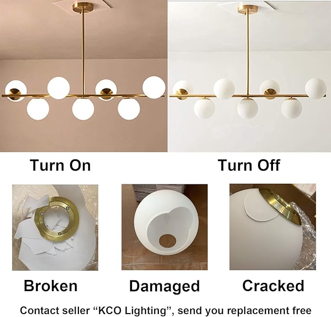 KCO Lighting Modern Brass Linear Chandelier Pendant Light 7-Lights Gold and White Glass Pendant Lighting Mid Century Globe Dining Light Fixture for Living Room Kitchen