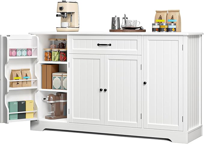Gizoon 56" Kitchen Coffee Bar Cabinet with Storage Kitchen Sideboard Buffet Cabinet with Drawers, Short Pantry with Door and Shelves for Bathroom and Living Room, White