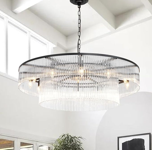 Black Glass Chandelier, Large Modern 2-Tier Glass Rod Chandelier Lighting for High Ceiling Foyer Hall Staircase, 12-Light Round Hanging Ceiling Light Fixture 39"