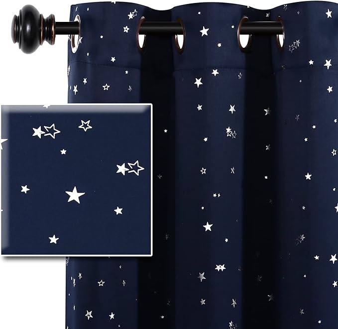 H.VERSAILTEX Blackout Star Curtains for Kids Room Boys Girls Twinkle Silver Stars Full Light Blocking Cute Thick Soft Curtain Drapes, Grommet Top, 2 Panels, 52" W x 63" L, Navy