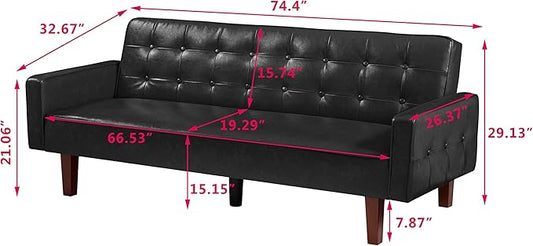 Modern PU Leather 3-Seat Couch, Adjustable Backrest Convertable Sofa, Sleek Minimalist Fold Out Couch Loveseat with Armrests, Sofa for Living Room Home Office Spaces, Black