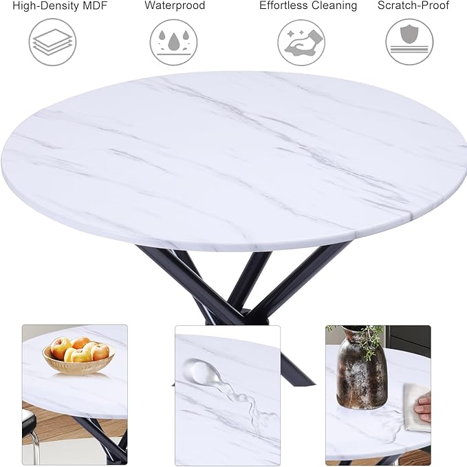 FurnitureR 31.5-Inch Round Dining Table for 2-4 People, Multifunctional Wooden Table for Cafe Restaurant Home Kitchen Dining Room, Unique Intersecting Pedestal Base and Metal Legs, White Marble