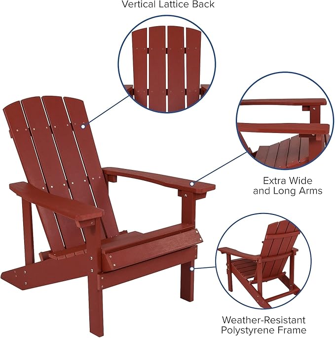 Flash Furniture Charlestown Commercial Grade Indoor/Outdoor Adirondack Chair, Weather Resistant Durable Poly Resin Deck and Patio Seating, Red