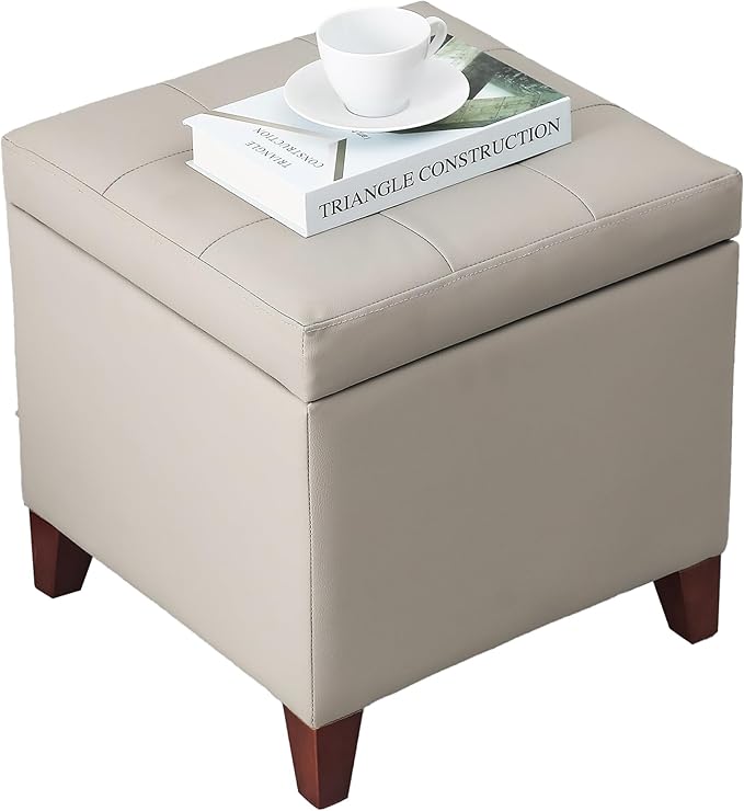 Adeco 18" Square Storage Ottoman, Premium Faux Leather Lift-Top Footrest & Coffee Table, Modern Upholstered Cube with Sturdy Wood Legs, Extra Seat for Living Room, Bedroom - Elephant Grey