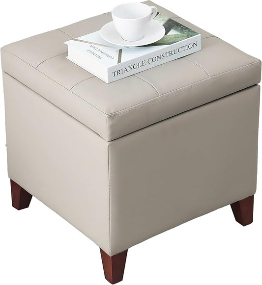 Adeco 18" Square Storage Ottoman, Premium Faux Leather Lift-Top Footrest & Coffee Table, Modern Upholstered Cube with Sturdy Wood Legs, Extra Seat for Living Room, Bedroom - Elephant Grey