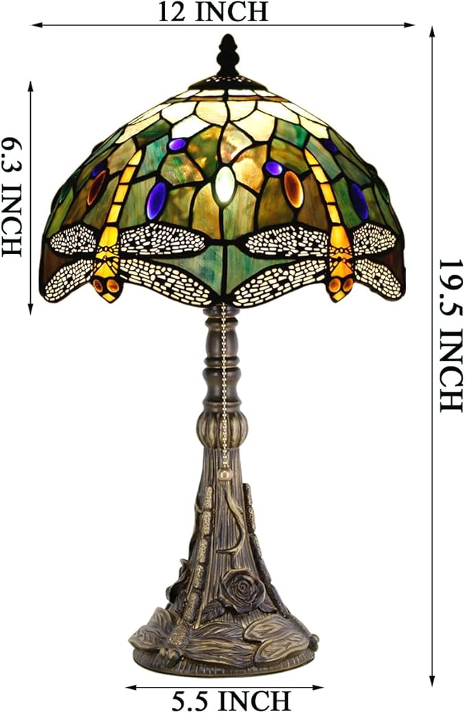 Tiffany Table Lamp Stained Glass Lamp 12X12X19 Inch Antique Reading Light (Amber Yellow Dragonfly)