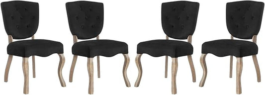 Modway Array French Vintage Tufted Performance Velvet Weathered Wood Four Kitchen and Dining Room Chairs in Black - Fully Assembled