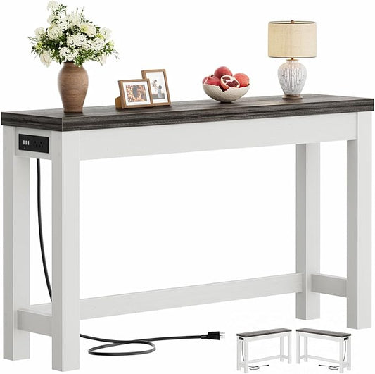 Cyclysio 47" Console Tables for Entryway, Narrow Console Tables for Living Room, Behind Couch Table, Sturdy Wood Support Hallway Table with 3AC+2USB Charging‌ Station, Oak