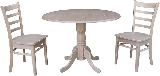 IC INTERNATIONAL CONCEPTS 42" Dual Drop Leaf Wood Table with 2 Emily Side Chairs in Washed Gray Taupe