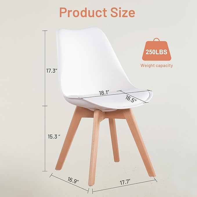 Dining Chairs Set of 6, Side Chairs Upholstered Armless Mid-Back Faux Leather Cushioned for Dining Room Kitchen Living Room, Soft Padded Seats & Solid Wood Legs, White