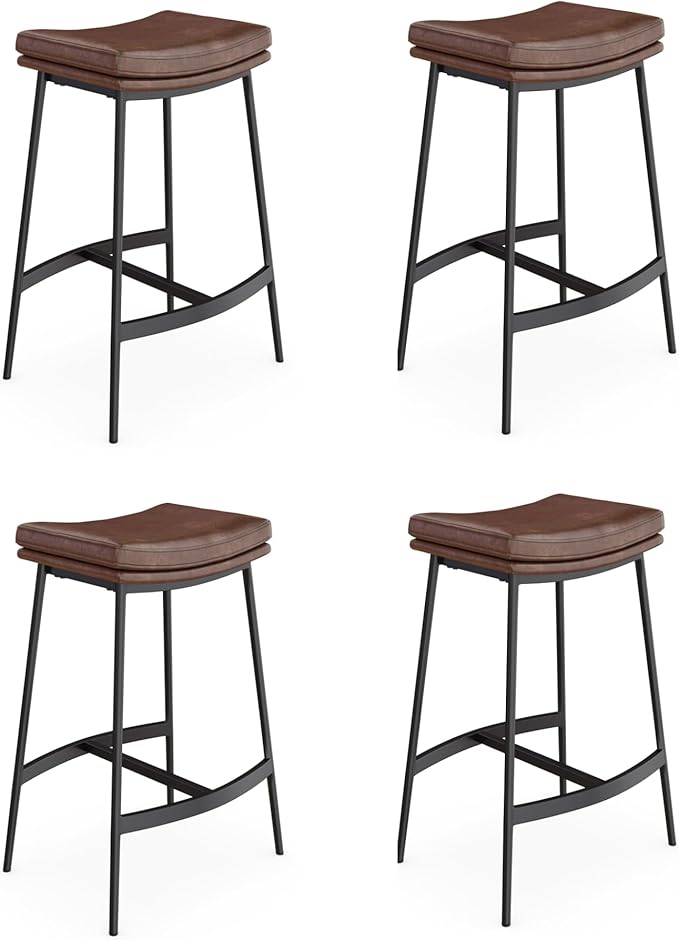 Arlo Modern Backless Upholstered Kitchen Counter Bar Stool with Double-Layered Saddle Seat and Black Metal Base, Brown/Matte Black, Set of 4
