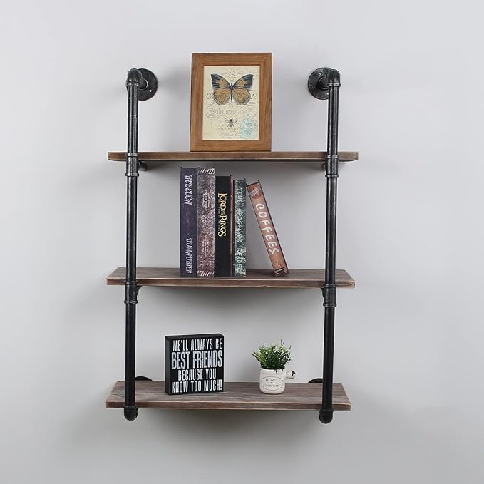 MBQQ Industrial Pipe Shelving Wall Mounted,24in Rustic Metal Floating Shelves,Steampunk Real Wood Book Shelves,Wall Shelf Unit Bookshelf Hanging Wall Shelves,Farmhouse Kitchen Bar Shelving(3 Tier)