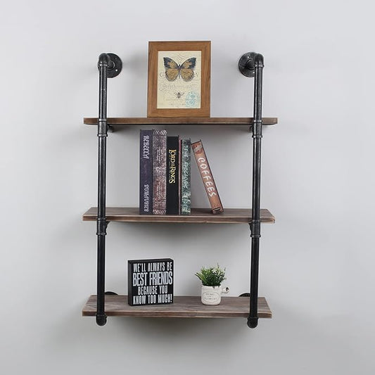 MBQQ Industrial Pipe Shelving Wall Mounted,30in Rustic Metal Floating Shelves,Steampunk Real Wood Book Shelves,Wall Shelf Unit Bookshelf Hanging Wall Shelves,Farmhouse Kitchen Bar Shelving(3 Tier)