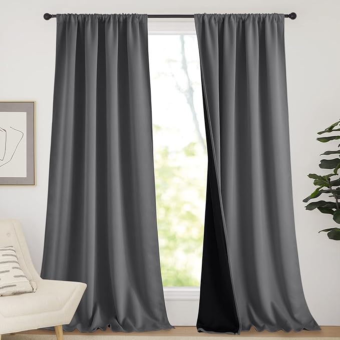 NICETOWN 108 inch 100% Blackout Curtains, Laundry Room Decor Window Treatment Rod Pocket Curtains for Patio Sliding Door, Extra Long Thermal Insulated Curtains for Villa (Grey, Set of 2, 52-inch)