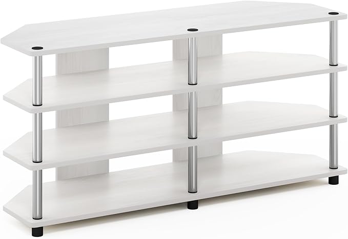Furinno ECON TV Stand, 4-Tier Corner Entertainment Center, TV Console for TV up to 55 Inch, Easy Assembly, for Living Room, Bedroom, White Oak/Stainless Steel Tubes