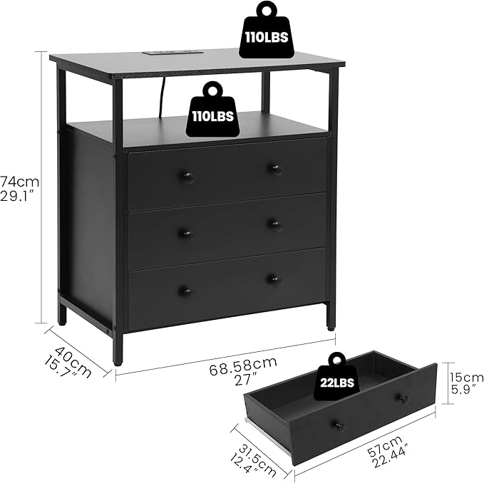 3 Wooden Drawers Nightstand, 27 Inch Wide Night Stand Set 2 with Charging Station and Adjustable Drawers, Small Dresser for Closet, Bedside Table for Living Room/Bedroom/Office, Black.