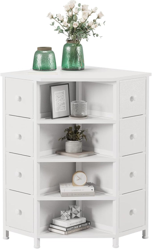 LUMTOK 8 Drawers Corner Dresser with Storage Fabric Drawers and Open Shelves for Small Space，Bedroom，Entryway，Living Room (White)