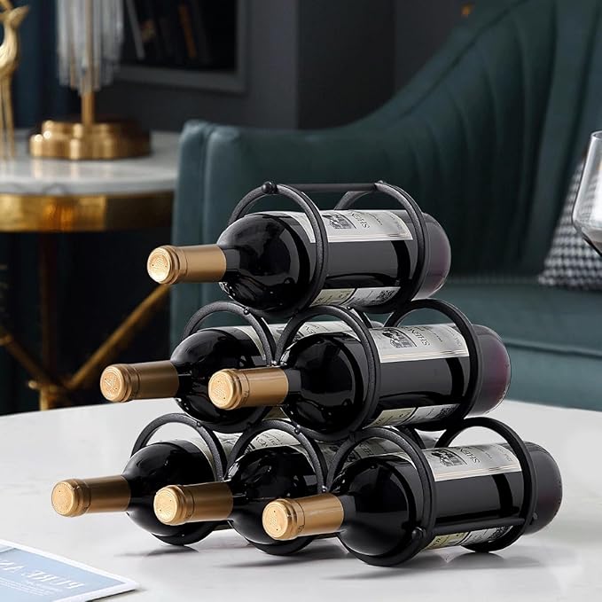 GeLive Small Tabletop Wine Rack 6 Bottles Triangle Freestanding Countertop Wine Bottle Holder Cabinet Pantry Wine Storage Stand Bottle Organizer for Coffee Bar Kitchen, Frosted Iron, Black