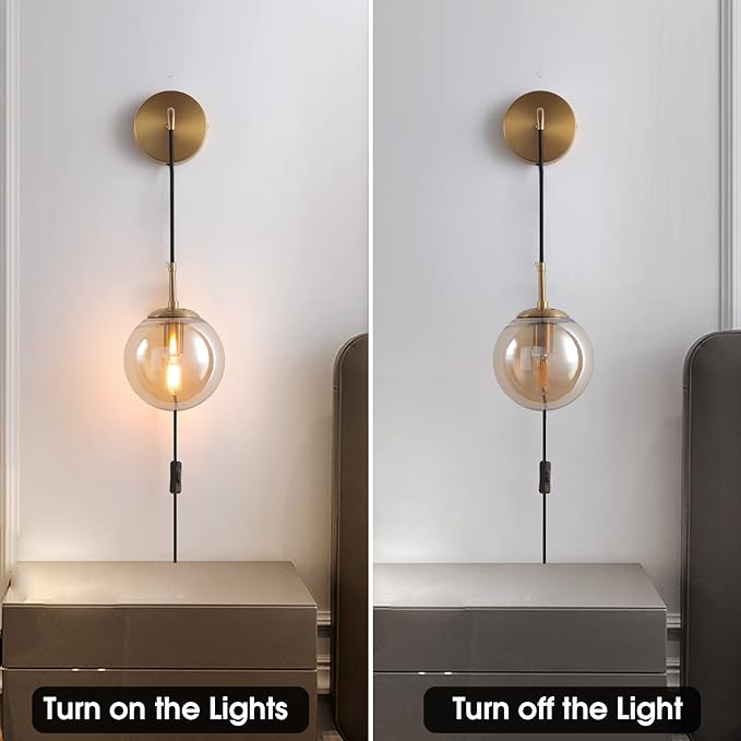 Wall Sconces Set of Two Plug in Wall Sconces with Globe Amber Glass Shade Wall Lamp with Cord Wall Sconce Plug in Brushed Brass Gold Sconces Set of 2 Wall Light Sconce