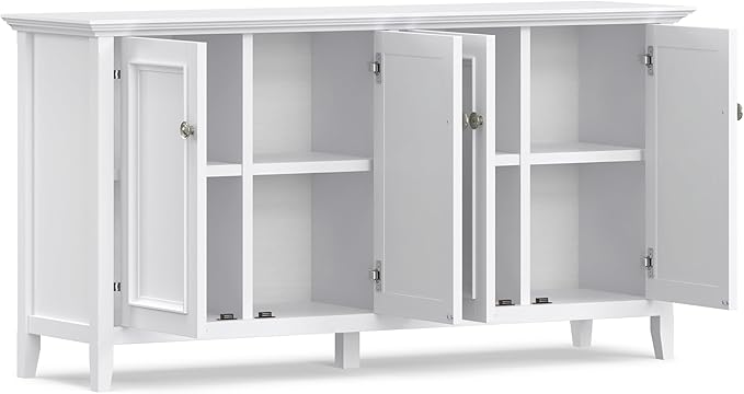 SIMPLIHOME Amherst Storage Cabinet - 66 inch Wide Solid Wood 4-Shelf Sideboard Cabinet in White, Transitional Buffet for Living Room or Dining Room with 4 Doors and Adjustable Shelves