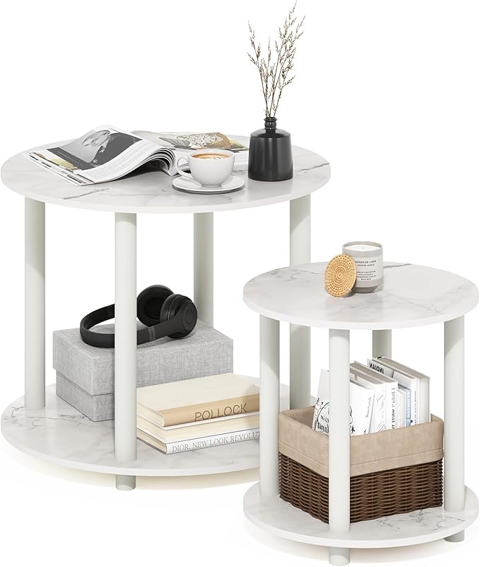 Furinno Turn-N-Tube 2-Tier Round Wooden End Table, Marble White
