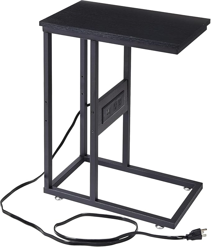 VECELO C Shaped End Side Table with Charging Station & Power Outlets for Couch Sofa/Bed, Snack TV Tray with Metal Frame for Living Room Bedroom 1 Set, Black