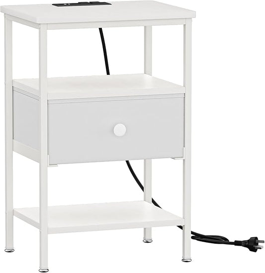 VECELO Night Stand with Charging Station, End Tables with Open Storage Shelf, Bed Side Tables with Fabric Drawers for Bedroom,Living Room,Elegant White