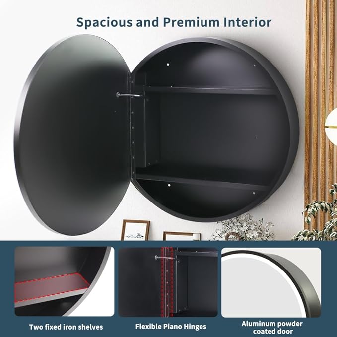 Movo Black Round LED Medicine Cabinet, 3 Color Lighting Dimmable,20 Inch Circle Front Lighted Medicine Cabinet with Defogger, Wall Mounted Illuminated Storage Cabinet for Bathroom