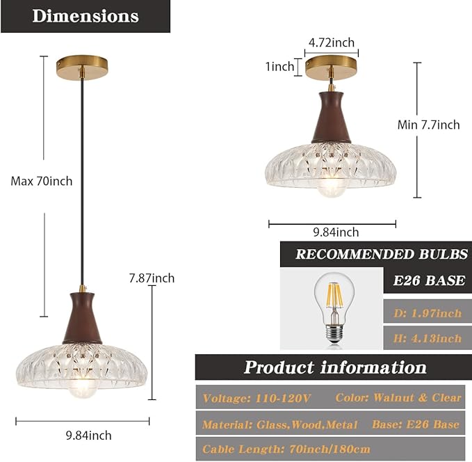 YLONG-ZS Glass Pendant Lights Kitchen Island,Modern Kitchen Hanging Pendant Ceiling Light,Vintage Walnut Wood Hanging Lamp for Bedroom Living Room Dining Room Restaurant Coffee Shop
