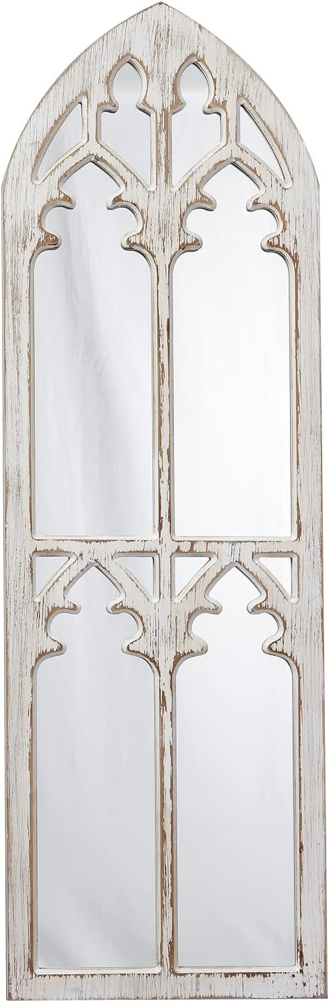 Farmhouse Wood Frame Arched Window Mirror 12 x 38 inches, Hanging Distressed White Rustic Cathedral Hallway Mirrors for Wall, Decorative Long Mirrors for Wall Decor Living Room Entryway
