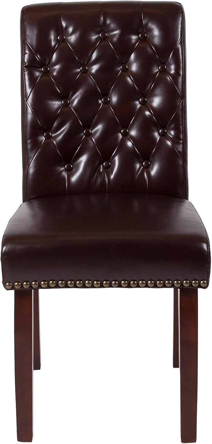 Flash Furniture HERCULES Series Brown LeatherSoft Parsons Chair with Rolled Back, Accent Nail Trim and Walnut Finish