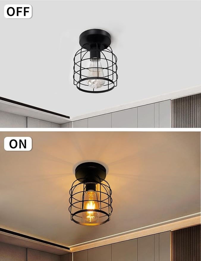 Industrial Semi Flush Mount Ceiling Light Fixture Black Farmhouse Lighting for Hallway, Kitchen, Dining Room, Bedroom, Modern Indoor Hanging Light (2 Pack)