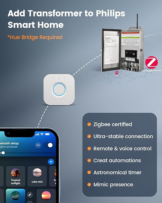 SURAIELEC Zigbee Smart Low Voltage Transformer, 300W Landscape Lighting Transformer with Multi Tap Outputs, Compatible with Alexa, Google Assistant, SmartThings, Hue Bridge Required, Stainless Steel