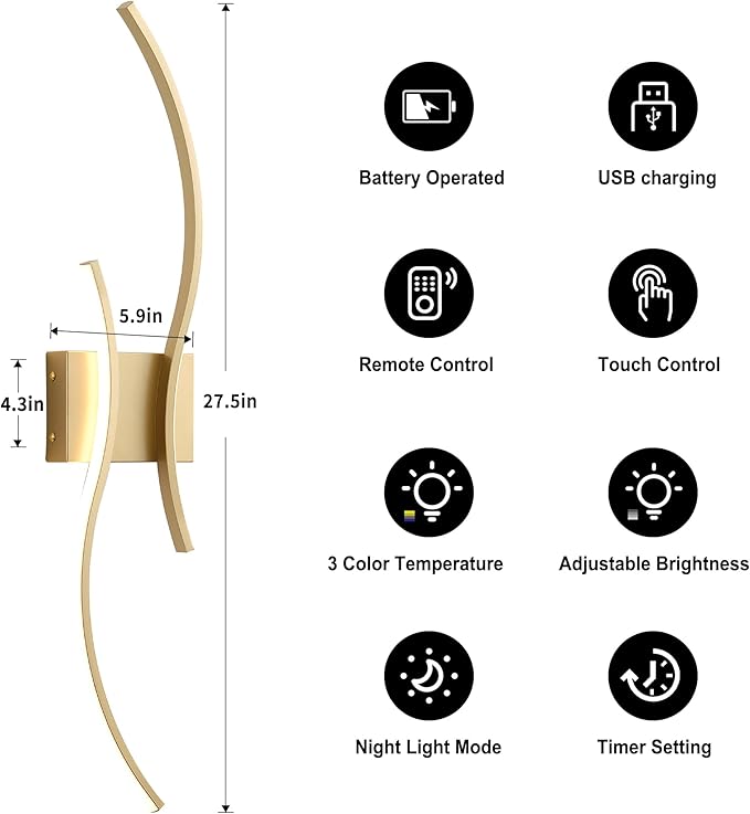Battery Operated Wall Sconces Set of Two with Remote Control, Battery Wall Light, Stepless Colors 3000K-6000K & Dimming, Gold Led Wall Lights for Living Room, Hallway, Bedroom, 27.5 Inch (2 Pack)