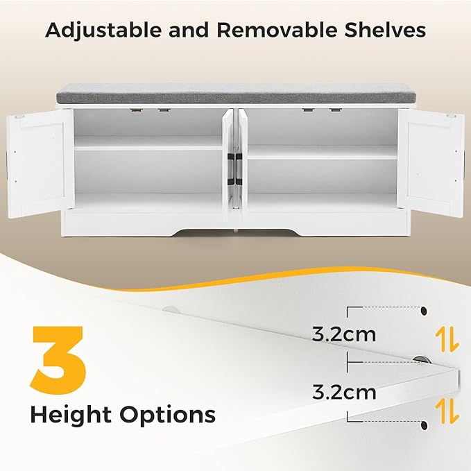 NEWBULIG 2-Tier Storage Bench, 47" Wide Shoe Bench with Padded Seat Cushion, Entryway Bench with 4 Barn Doors and Adjustable Shelf, White