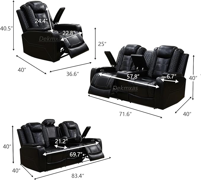Power Recliner Sofa Couch, Living Room Furniture Sets, Black Breathing Leather Power Reclining Chair with USB Port/Recliner Seat/Storage Armrest/Cup Holder/LED for Living Room
