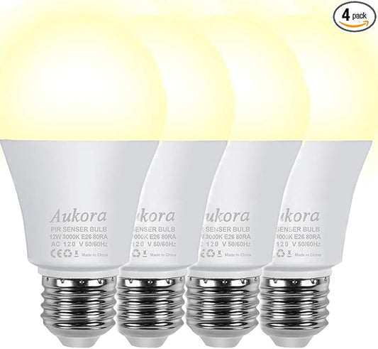Aukora Motion Sensor Light Bulbs 4-Pack, 12W (100-Watt Equivalent) E26 Motion Activated Dusk to Dawn Security Light Bulb Outdoor/Indoor for Front Door Porch Garage Basement Hallway Closet(Warm White)