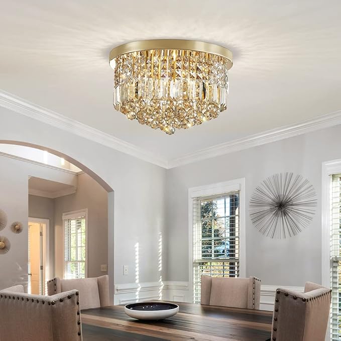 Saint Mossi 9 Light Modern K9 Crystal Raindrop Chandelier Lighting, Flush Mount, Perfect for Dining Room Bedroom; E12 Bulb Base; Height 11" x Diameter 20"; Champagne Crystal & Gold Finish