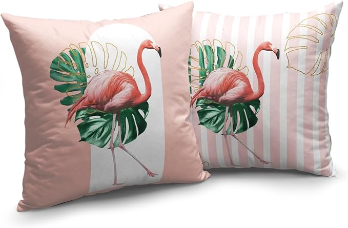Pink Flamingo Throw Pillow Covers 18x18 Inch Tropical Leaves Bird Pillow Cases Set of 2 Geometric Arch Vertical Stripes Modern Cushion Cover for Spring Summer Home Couch Sofa Decoration