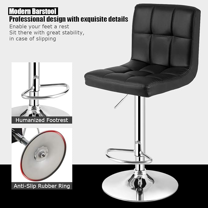 COSTWAY Adjustable Bar Stools Set of 2, Modern Swivel PU Leather Bar Chair with Backrest, Soft Cushioned Seat, Footrest, Sturdy Metal Frame, Comfortable Barstools for Kitchen Island, Pub, Black