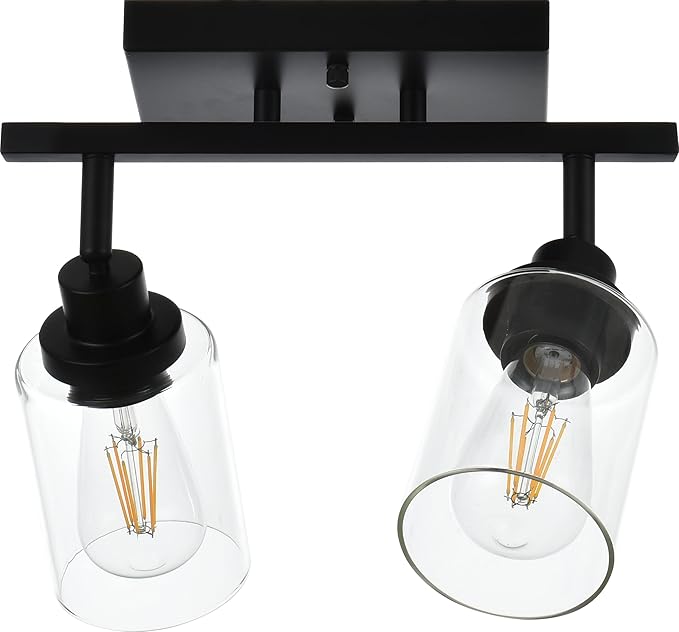 MELUCEE 2 Light Wall Scone Spotlight Semi Flush Mount Ceiling Light, 13.8 Inch Black Bathroom Lights Rotatable Track Lighting Kit for Hallway Porch Foyer Bath Storage, Clear Glass Shade