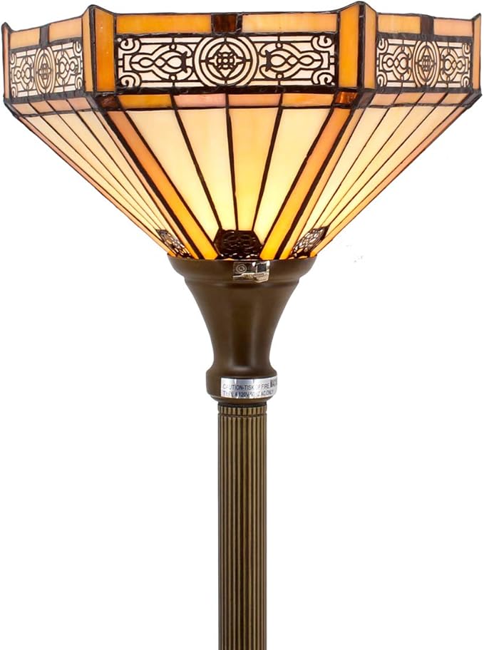 WERFACTORY Tiffany Lamp Shade Replacement 12X10X6 Inch Yellow Hexagon Stained Glass Mission Lampshade Only 1-5/8-Inch Fitter Opening for Arched Floor Lamp-Torchiere Lamp-Pendant Light S011 Series
