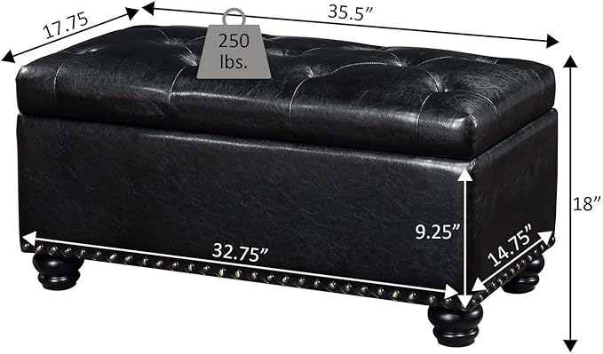 Convenience Concepts Designs4Comfort 7th Avenue Ottoman Bench 35.5" - Modern Upholstered Footstool & Seat with Hinged Lid & Storage, for Living Room, Bedroom, & Entryway, Dark Blue Fabric