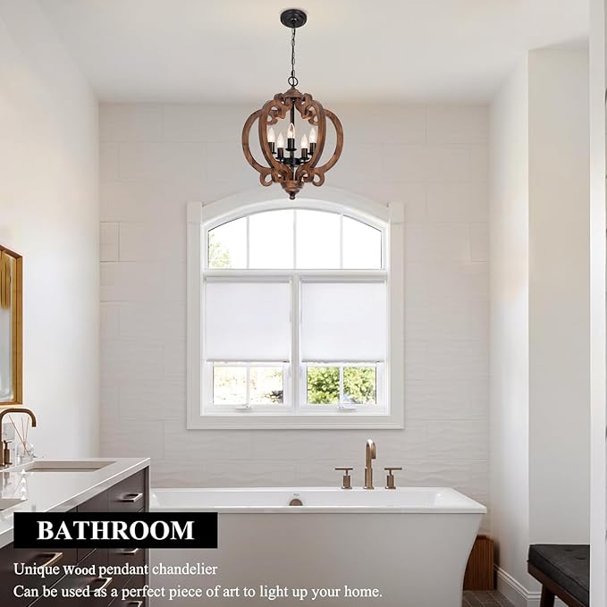 17.72'' Farmhouse Wood Chandelier, 5-Light Rustic Dining Room Light Fixture, Farmhouse Hanging Pendant Lighting, Vintage Orb Chandeliers for Kitchen Island Foyer Living Room Bedroom