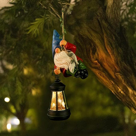 Solar Hanging Gnome Garden Statues Climbing Rope Gnome with LED Lantern Spring Outdoor Decor Tree Hugger Yard Porch Wall Fence Decoration Easter Christmas Birthday Gifts for Mom Women