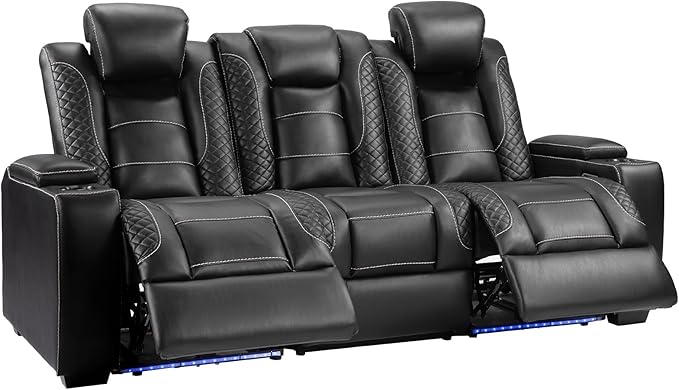 ANJ Power Reclining Loveseat with Fixed Middle Seat, 3-Piece Electric Recliner Sofa with LED Lights, USB Charging & Storage, Faux Leather Living Room Furniture for Home Theater (Black)
